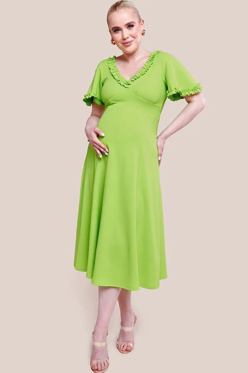 Maternity Flare Sleeve Frill Edge Midi Dress - Lime Green by Goddiva