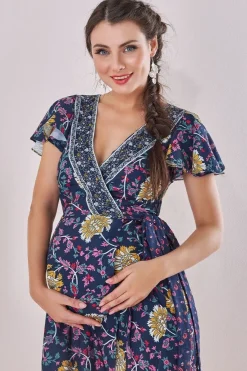 Maternity Floral Print Midi Navy Print by Goddiva
