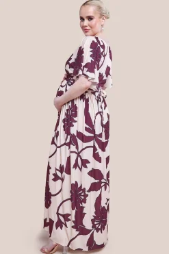 Maternity Leaf Print Flutter Sleeve Maxi Dress - Cream by Goddiva