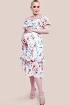 Maternity Pleated Bodice Chiffon Tiered Midi Dress - Cream by Goddiva