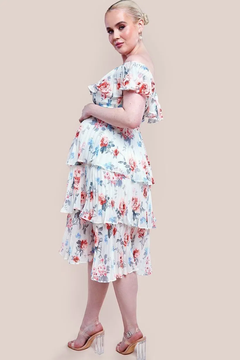Maternity Pleated Bodice Chiffon Tiered Midi Dress - Cream by Goddiva