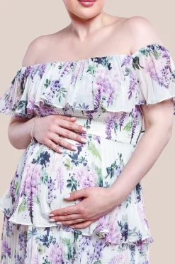 Maternity Shirred Chiffon Floral Bardot Midi Dress - Multi by Goddiva