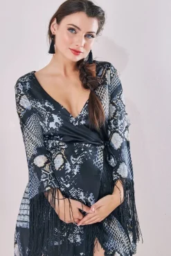 Maternity Tassel Foil Print Wrap Midi Black by Goddiva