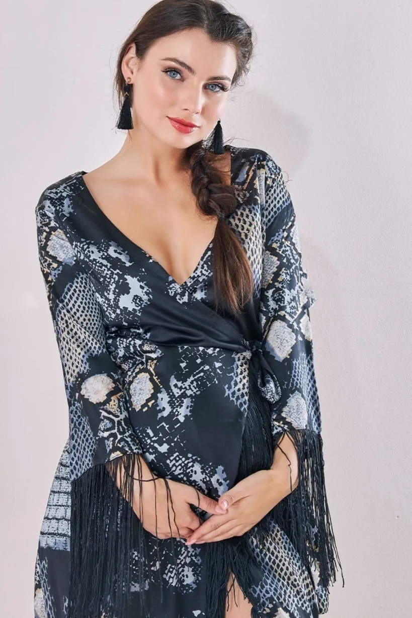 Maternity Tassel Foil Print Wrap Midi Black by Goddiva