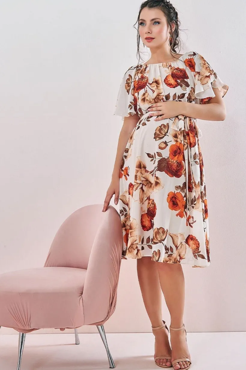 Maternity Wrap Back Flutter Sleeve Midi Beige by Goddiva