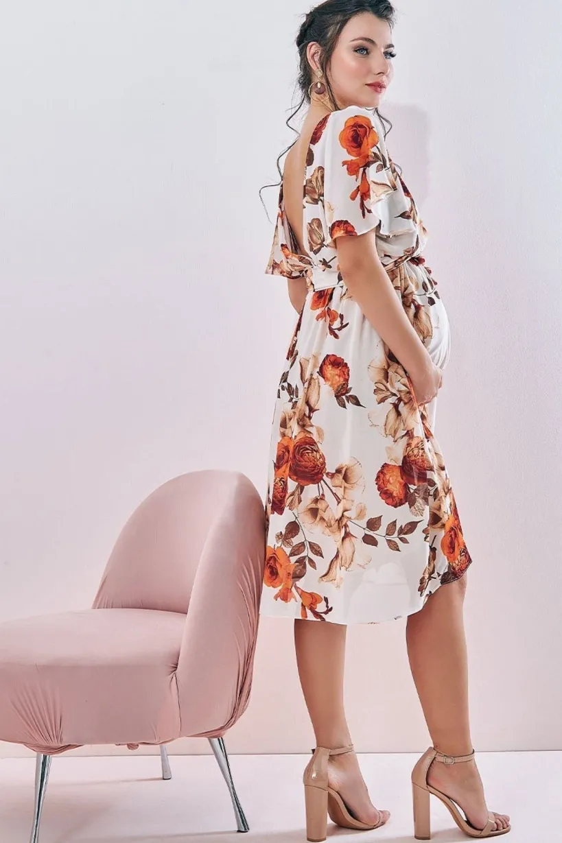 Maternity Wrap Back Flutter Sleeve Midi Beige by Goddiva