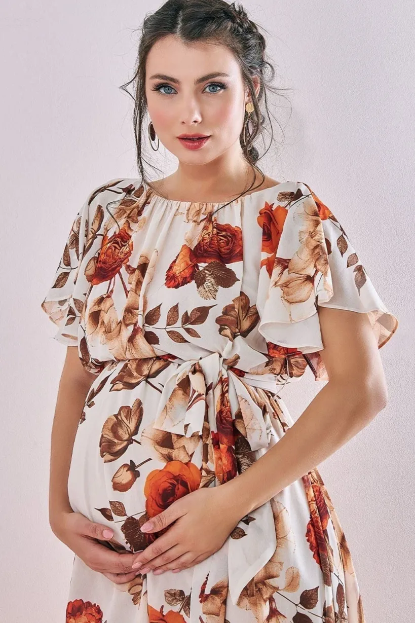 Maternity Wrap Back Flutter Sleeve Midi Beige by Goddiva