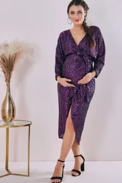 Maternity Wrap Sequin Midi Purple by Goddiva