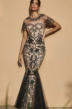 Mesh & Lace Maxi With Scalloped Hem - Black by Goddiva