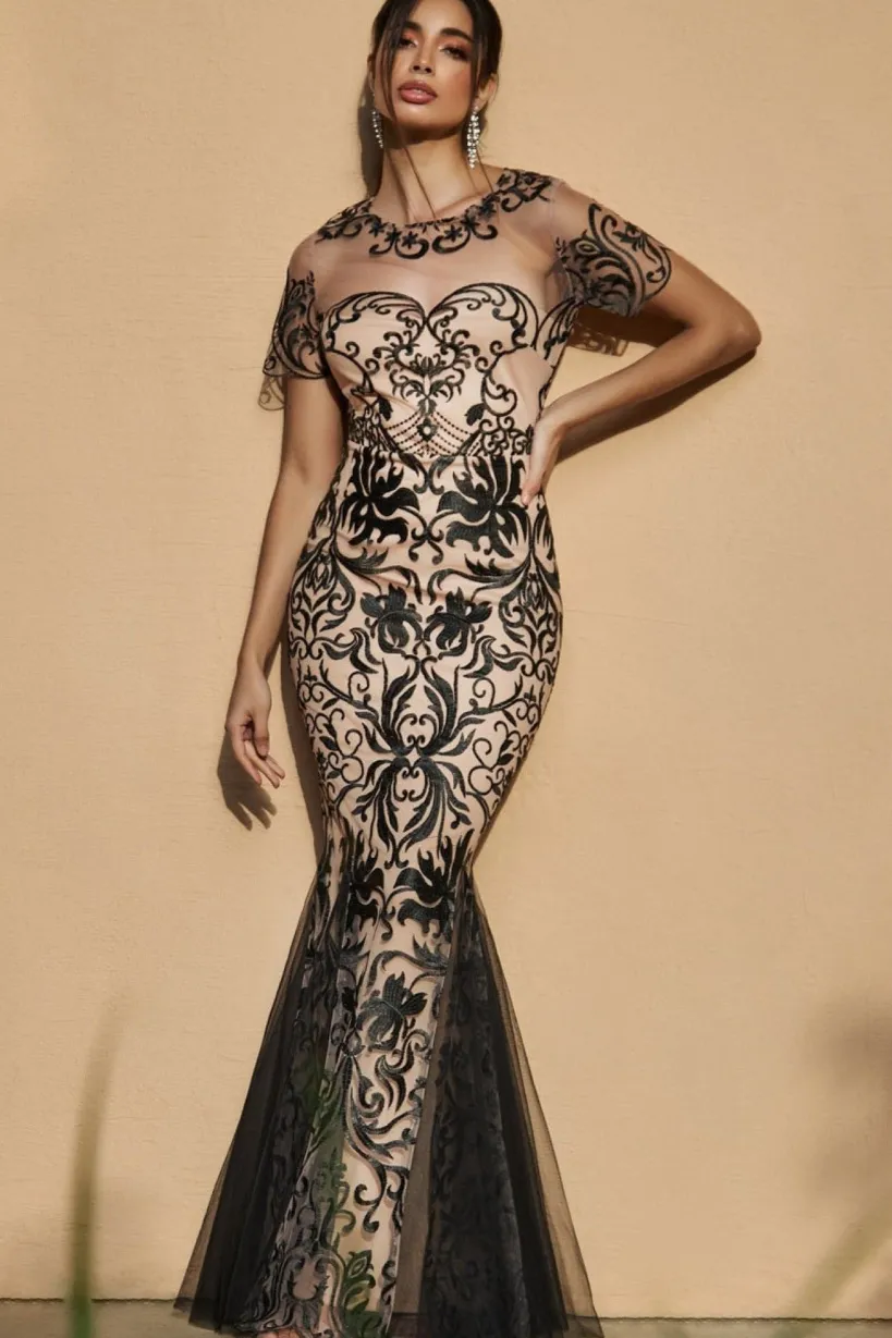 Mesh & Lace Maxi With Scalloped Hem - Black by Goddiva