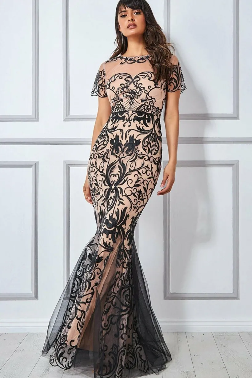 Mesh & Lace Maxi With Scalloped Hem - Black by Goddiva