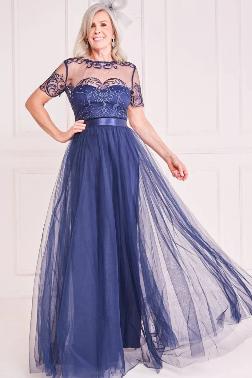 Mesh Embroidered Maxi Dress - Navy by Goddiva
