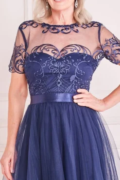 Mesh Embroidered Maxi Dress - Navy by Goddiva