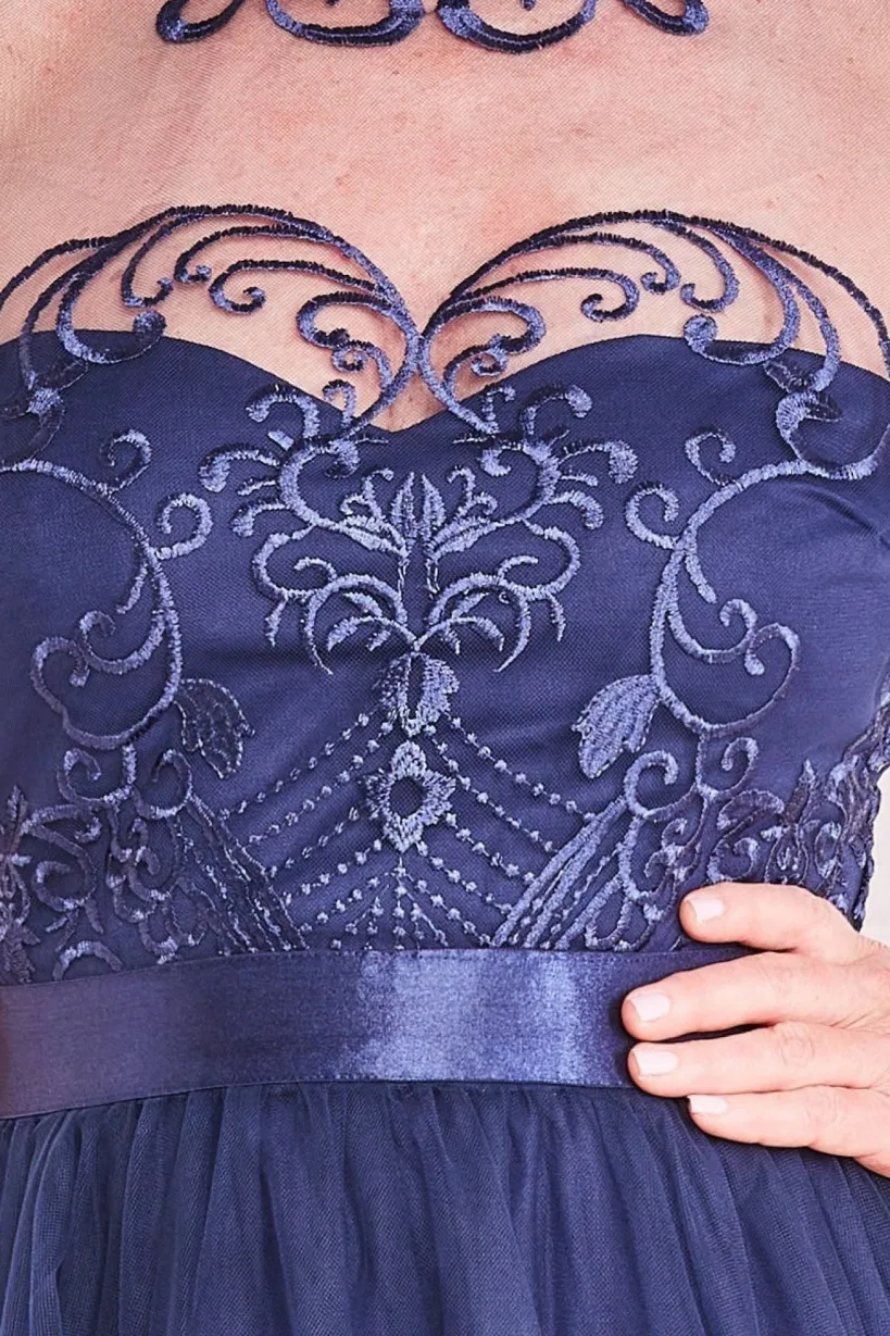 Mesh Embroidered Maxi Dress - Navy by Goddiva