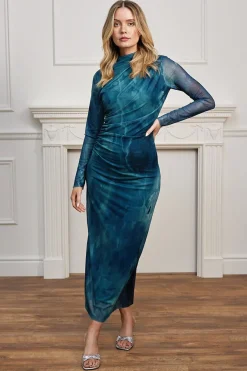 Mesh Long Sleeve Bodycon Midi Dress In Teal Watercolour by Angeleye