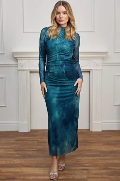Mesh Long Sleeve Bodycon Midi Dress In Teal Watercolour by Angeleye