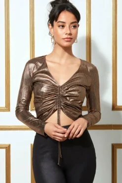 Metallic String Long Sleeve Top - Blackgold by Goddiva