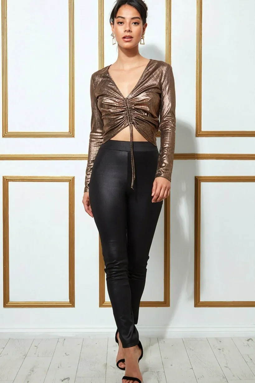 Metallic String Long Sleeve Top - Blackgold by Goddiva