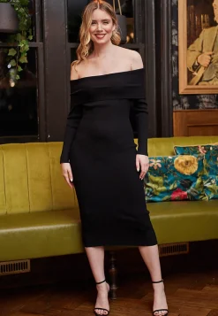 Midi Bardot Knit Dress In Black by Angeleye