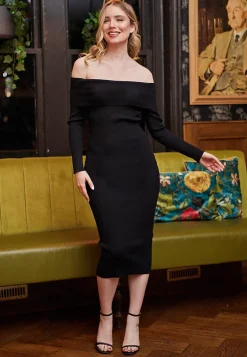 Midi Bardot Knit Dress In Black by Angeleye