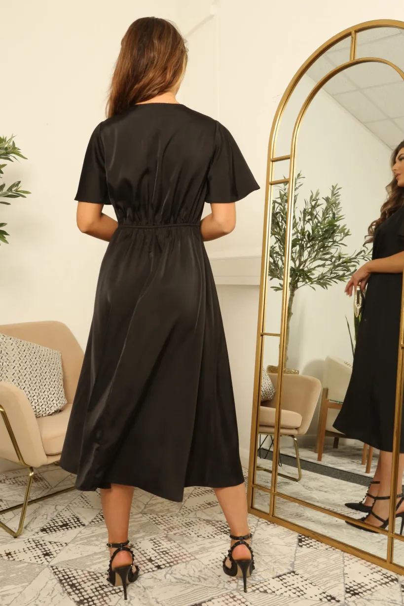 Midi Satin Wrap Dress With Split Skirt by Double Second