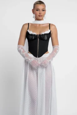 Milk Maid Corset Polka Dobby Chiffon A-Line Maxi Skirt With Scarf & Gloves - Black & Cream by Goddiva