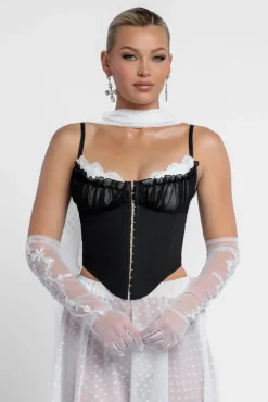 Milk Maid Corset Polka Dobby Chiffon A-Line Maxi Skirt With Scarf & Gloves - Black & Cream by Goddiva
