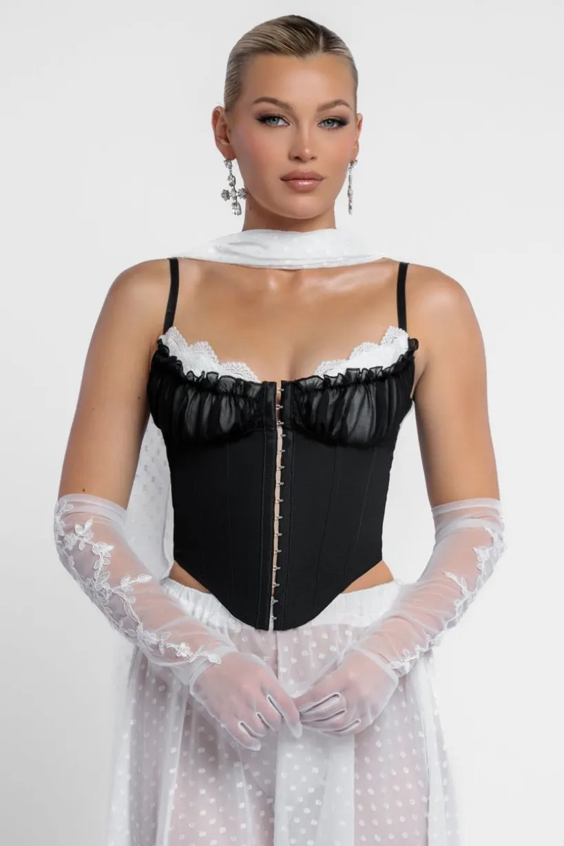 Milk Maid Corset Polka Dobby Chiffon A-Line Maxi Skirt With Scarf & Gloves - Black & Cream by Goddiva