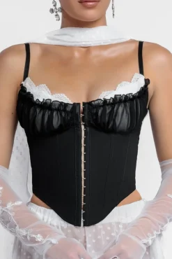 Milk Maid Corset Polka Dobby Chiffon A-Line Maxi Skirt With Scarf & Gloves - Black & Cream by Goddiva
