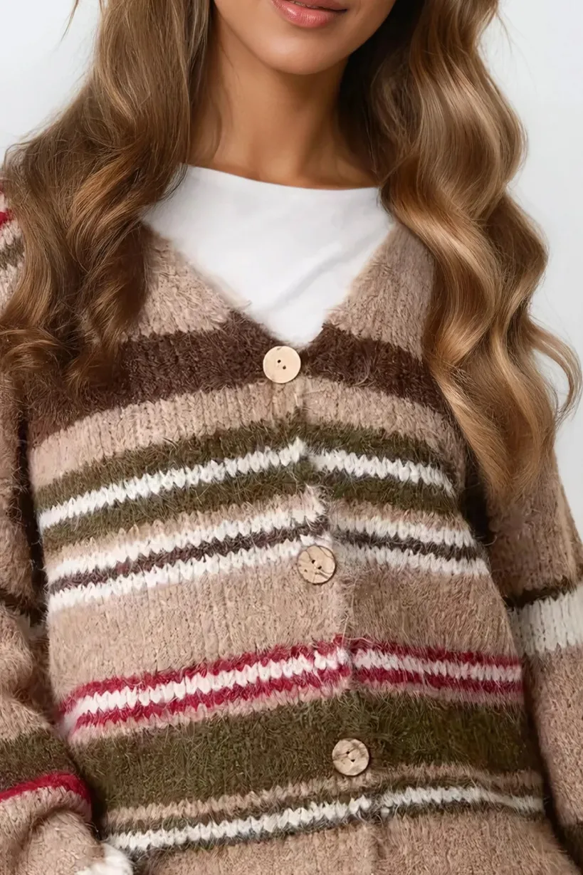 Mocha Striped Knit Cardigan by Aftershock London
