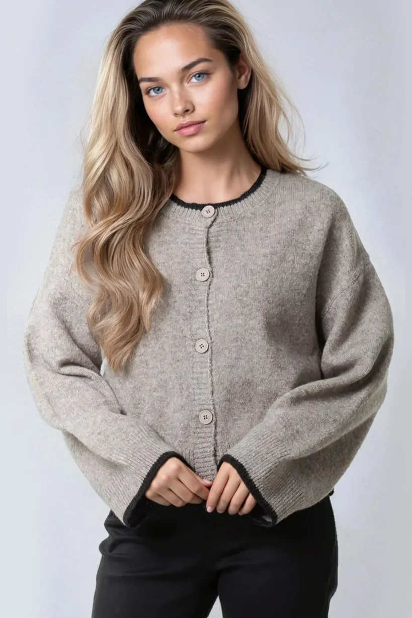 Mocha Wool Blend Contrast Edge Cardigan by Aftershock London