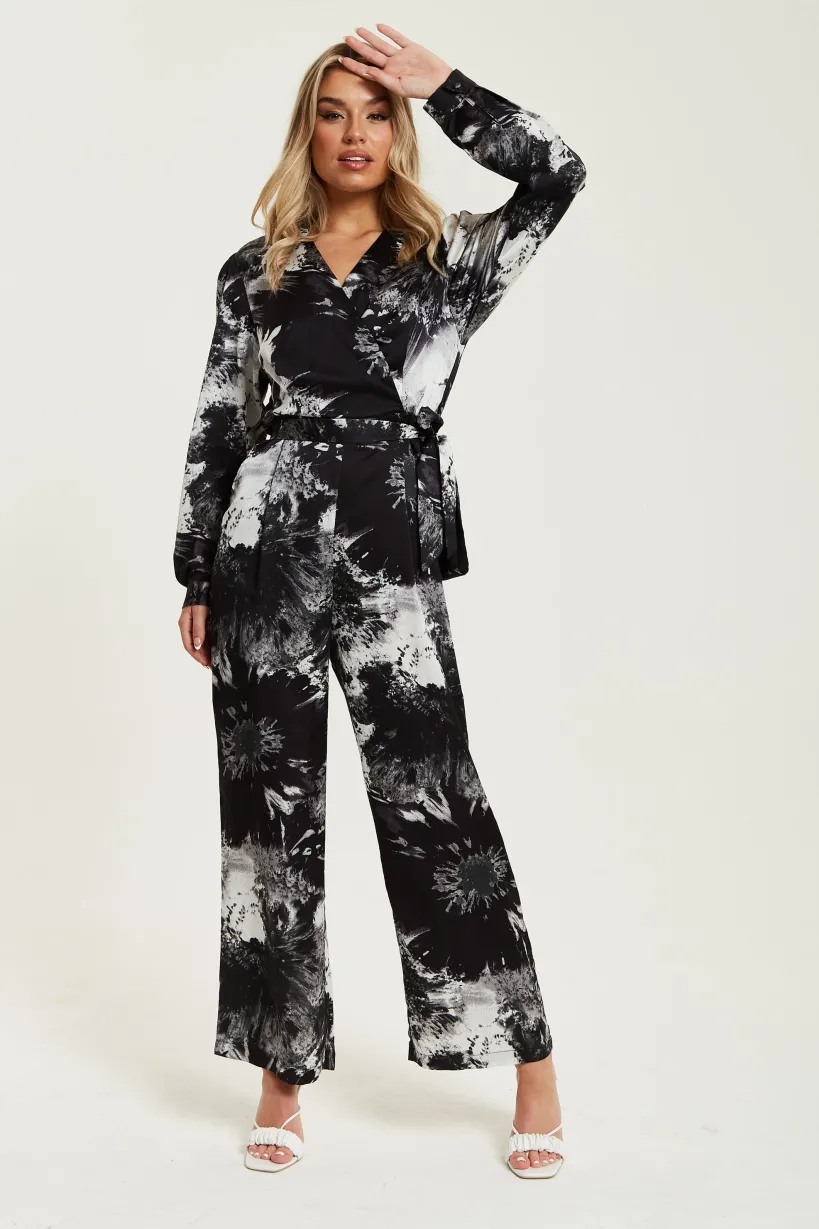 Mono Abstract Print Jumpsuit With Long Sleeves by Liquorish