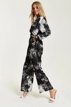 Mono Abstract Print Jumpsuit With Long Sleeves by Liquorish