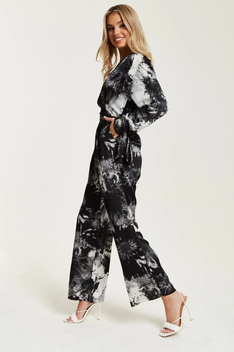 Mono Abstract Print Jumpsuit With Long Sleeves by Liquorish