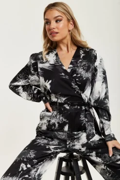 Mono Abstract Print Jumpsuit With Long Sleeves by Liquorish