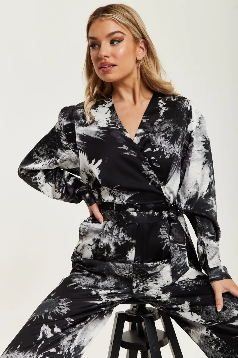 Mono Abstract Print Jumpsuit With Long Sleeves by Liquorish