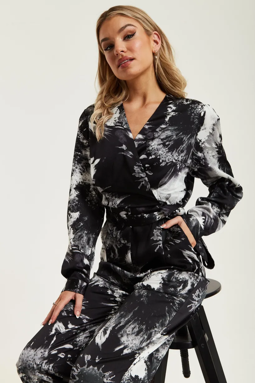 Mono Abstract Print Jumpsuit With Long Sleeves by Liquorish