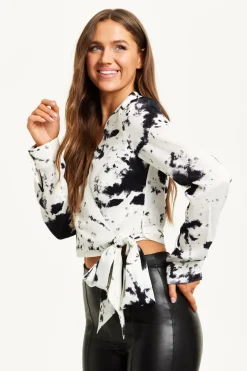 Mono Abstract Print Wrap Top With Long Sleeves by Liquorish