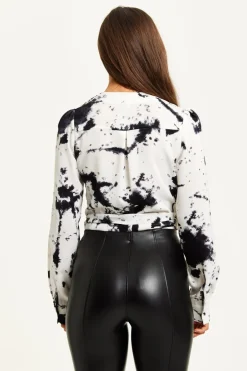 Mono Abstract Print Wrap Top With Long Sleeves by Liquorish