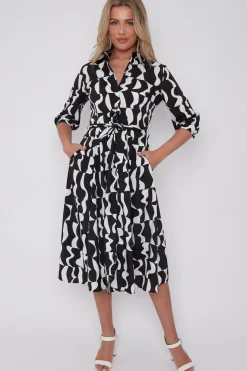 Mono Geometric Print Half Sleeve Midi Shirt Dress by LOVE SUNSHINE
