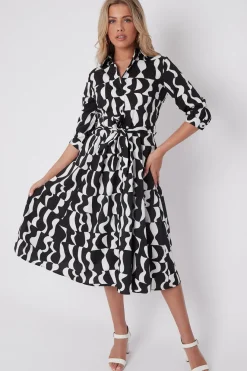 Mono Geometric Print Half Sleeve Midi Shirt Dress by LOVE SUNSHINE