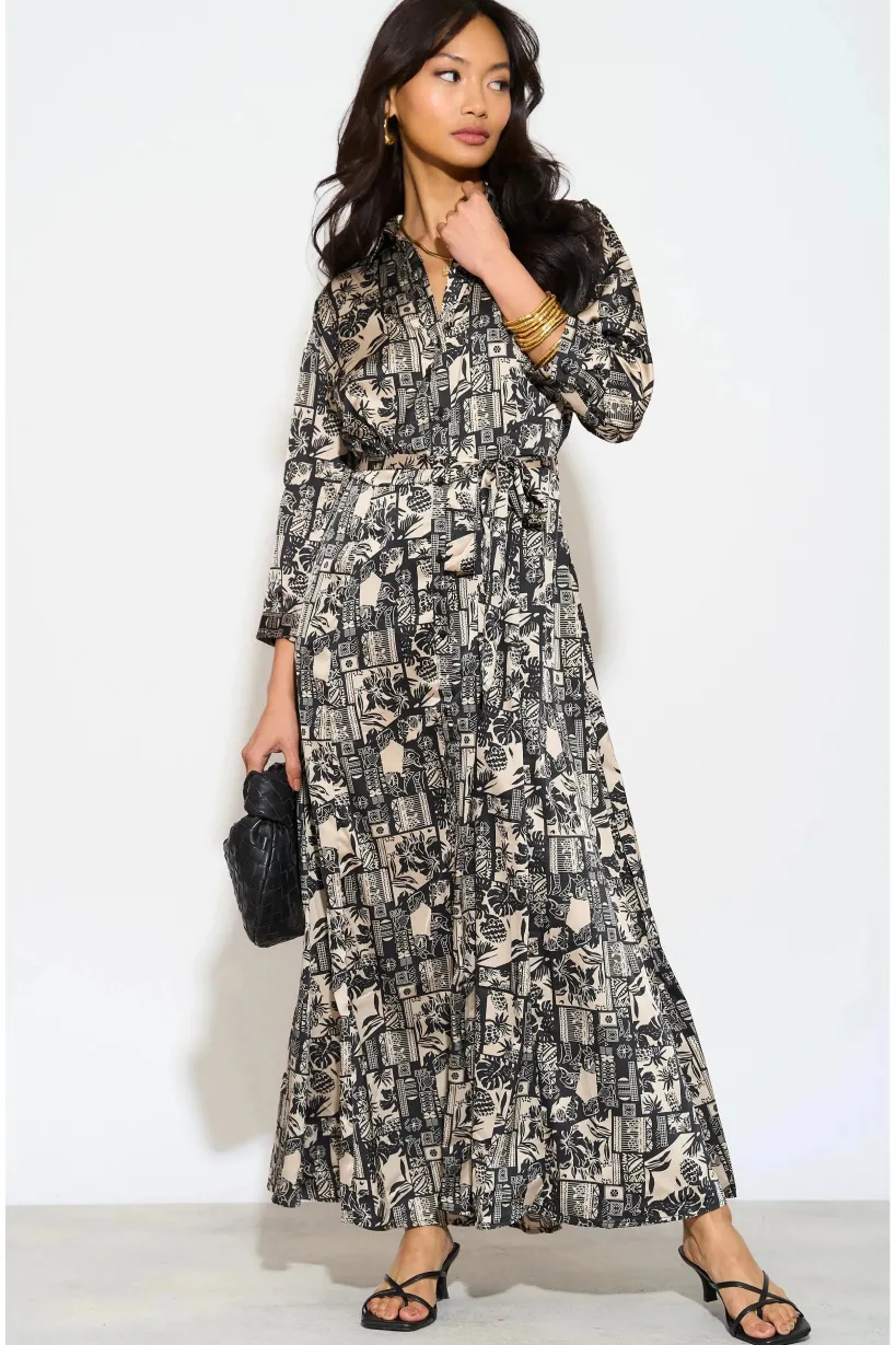 Mono Mixed Scarf Print Satin Maxi Shirt Dress by LOVE SUNSHINE