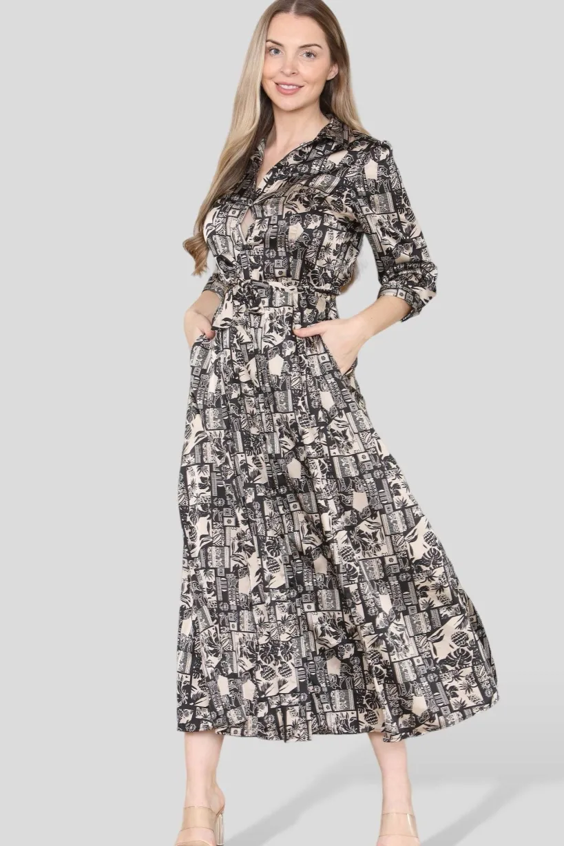 Mono Mixed Scarf Print Satin Maxi Shirt Dress by LOVE SUNSHINE