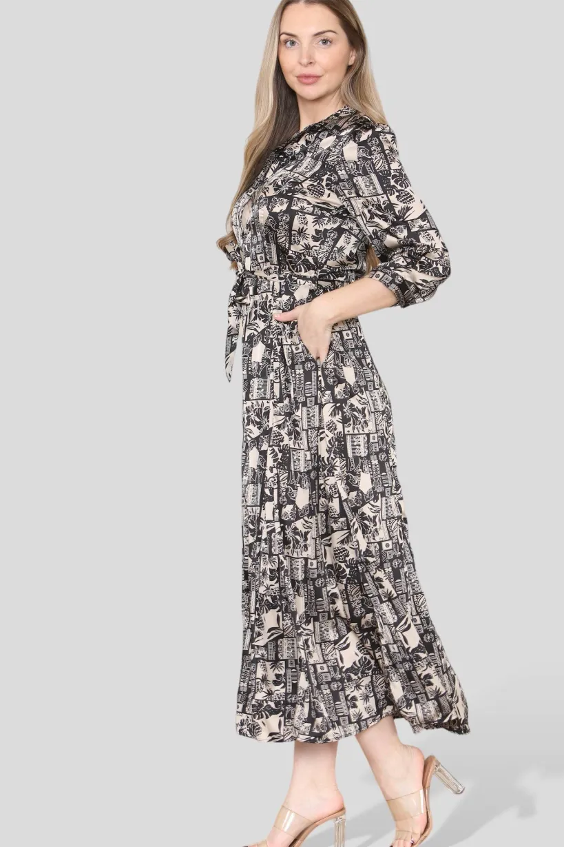 Mono Mixed Scarf Print Satin Maxi Shirt Dress by LOVE SUNSHINE
