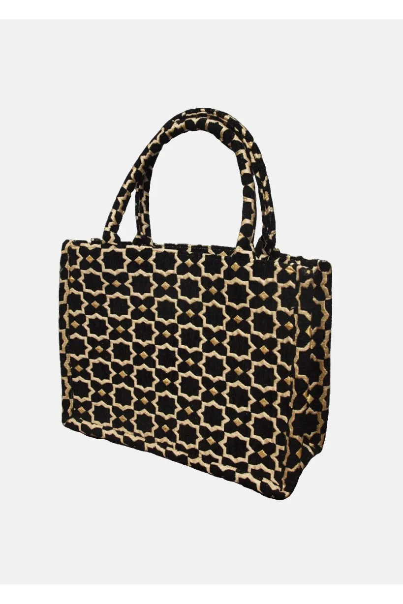 Moroccan Geometric Print Fabric Tote Bag In Black by Berber Leather