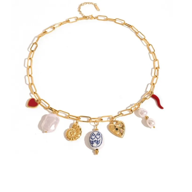 Multi Detail Charm Necklace In Gold by Last True Angel