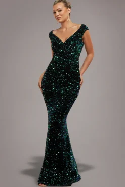 Multi Sequin & Velvet Bardot Maxi - Emerald Green by Goddiva