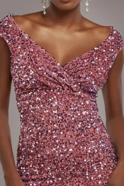 Multi Sequin & Velvet Bardot Midi Dress - Blush Pink by Goddiva