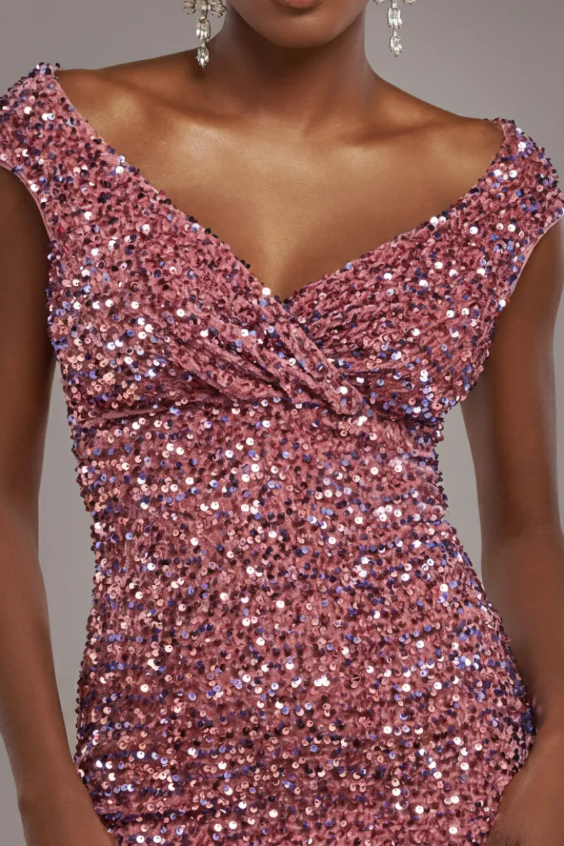 Multi Sequin & Velvet Bardot Midi Dress - Blush Pink by Goddiva
