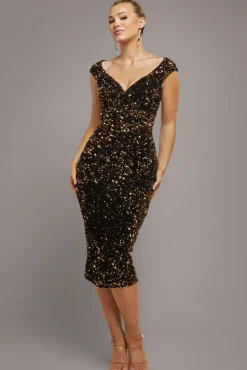 Multi Sequin & Velvet Bardot Midi Dress - Gold by Goddiva